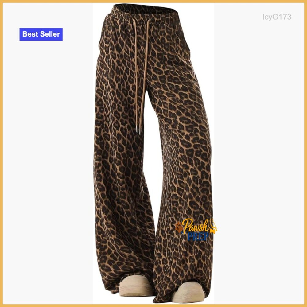 Leopard Print Sweatpants Wide Leg Lounge Pants Drawstring Waist Pockets